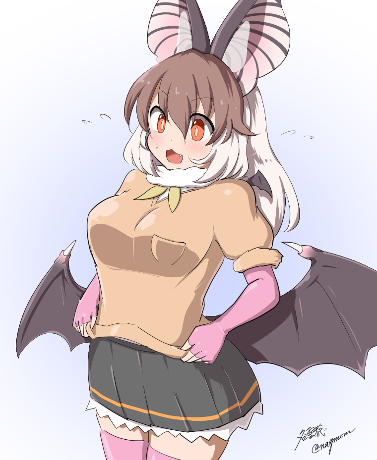 1girl :3 animal_ears bat_ears bat_girl bat_wings black_skirt blush brown_hair brown_long-eared_bat_(kemono_friends) brown_sweater commentary_request cowboy_shot elbow_gloves fang fingerless_gloves flying_sweatdrops frilled_skirt frills fur_collar gloves kemono_friends kemono_friends_v_project long_hair multicolored_hair open_mouth orange_eyes pink_gloves pink_thighhighs pleated_skirt short_sleeves skirt solo sweater taurine_8000mg thigh-highs two-tone_hair white_fur white_hair wings zettai_ryouiki