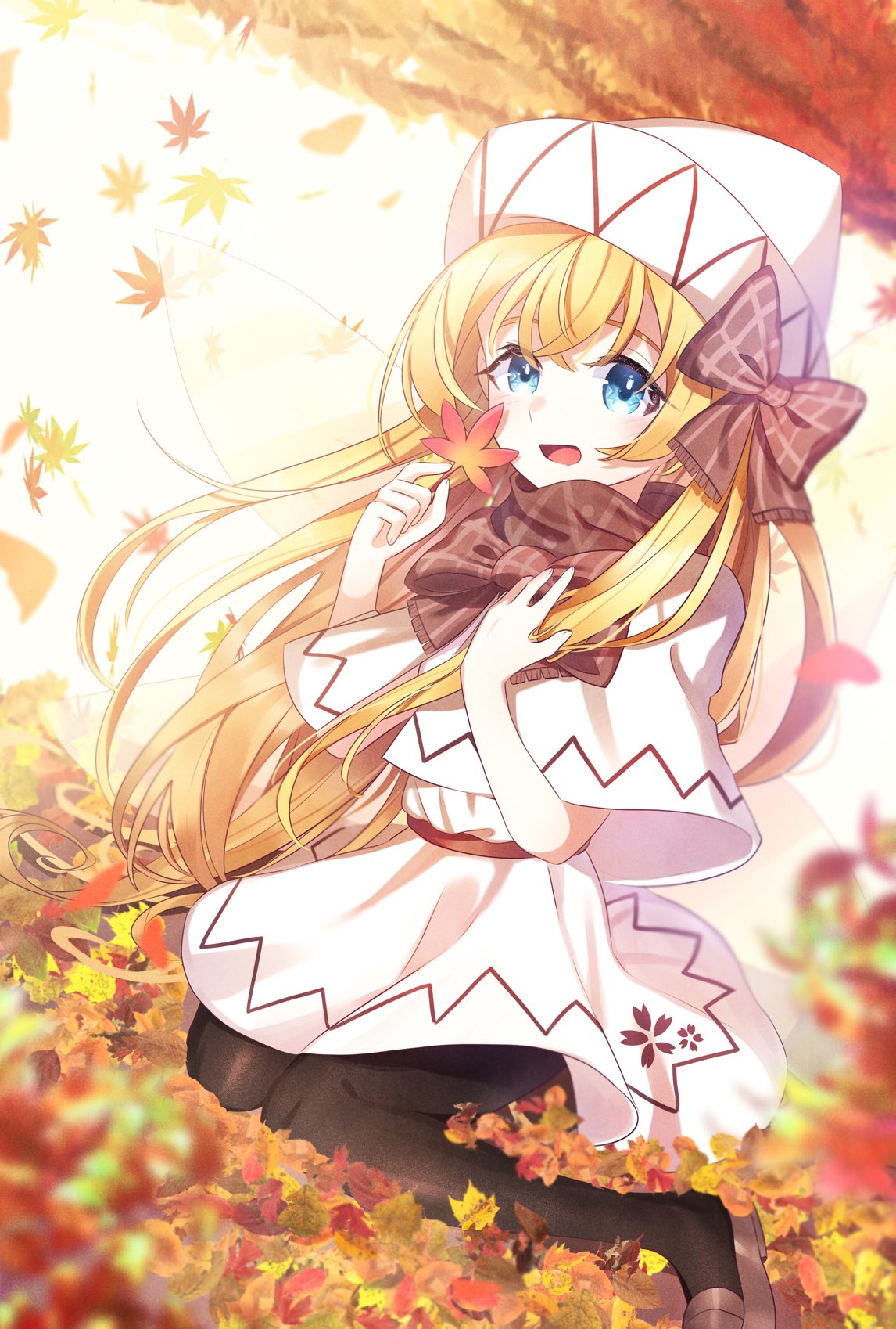 1girl adapted_costume ametama_(runarunaruta5656) autumn autumn_leaves bangs black_pantyhose blonde_hair blue_eyes blurry blurry_foreground blush bow bowtie brown_bow brown_bowtie brown_footwear brown_scarf capelet cherry_blossom_print dress fairy fairy_wings falling_leaves floral_print full_body hair_bow hand_on_own_chest hands_up highres knees_together_feet_apart leaf lily_white loafers long_hair looking_at_viewer open_mouth pantyhose plaid plaid_scarf scarf shoes sidelocks sitting solo touhou transparent_wings very_long_hair wariza white_capelet white_dress white_headwear wings