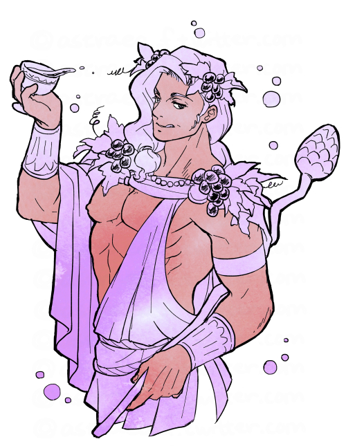 1boy :q astraea_f cropped_torso cup dark-skinned_male dark_skin dionysus_(hades) food food-themed_hair_ornament fruit grapes greek_clothes hades_(game) hair_ornament limited_palette long_hair low-tied_long_hair male_focus pectorals purple_hair staff tongue tongue_out violet_eyes