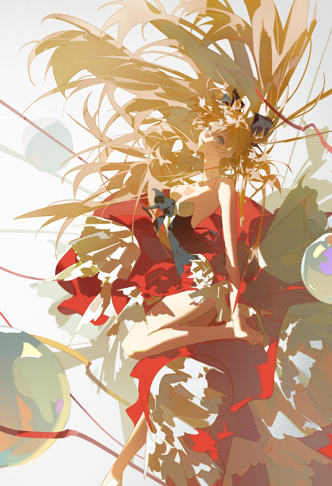 1girl artist_request ball bangs bare_shoulders black_bow black_dress blue_eyes bow breasts brown_hair collarbone commission dress flying hair_between_eyes hair_bow highres jewelry light_brown_hair long_hair looking_at_viewer medium_breasts necklace neon_genesis_evangelion open_mouth red_dress shoes simple_background sleeveless sleeveless_dress solo souryuu_asuka_langley twintails white_background white_footwear
