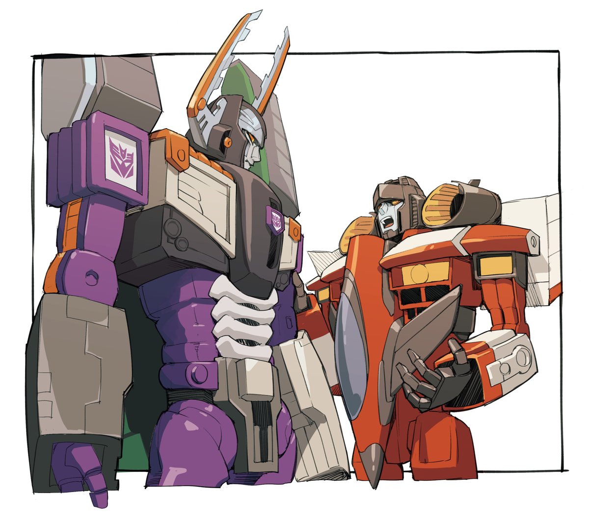 black_border border expressionless looking_down looking_up mecha megatron open_mouth orange_eyes robot science_fiction shoulder_cannon starscream transformers transformers_armada vetania white_background wings