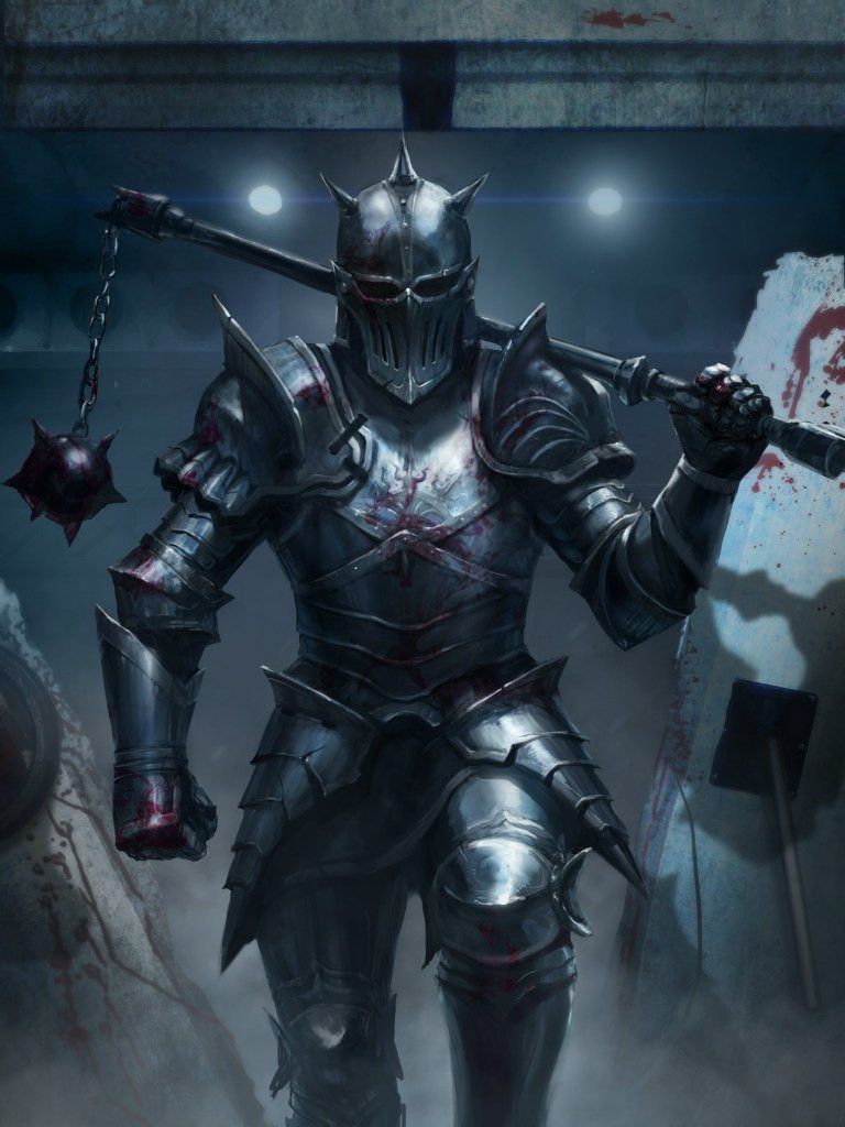 1boy armor armored_boots blood blood_on_weapon boots concrete gauntlets helmet holding holding_flail holding_weapon knight looking_at_viewer original outdoors pauldrons semideus shadow shoulder_armor solo weapon