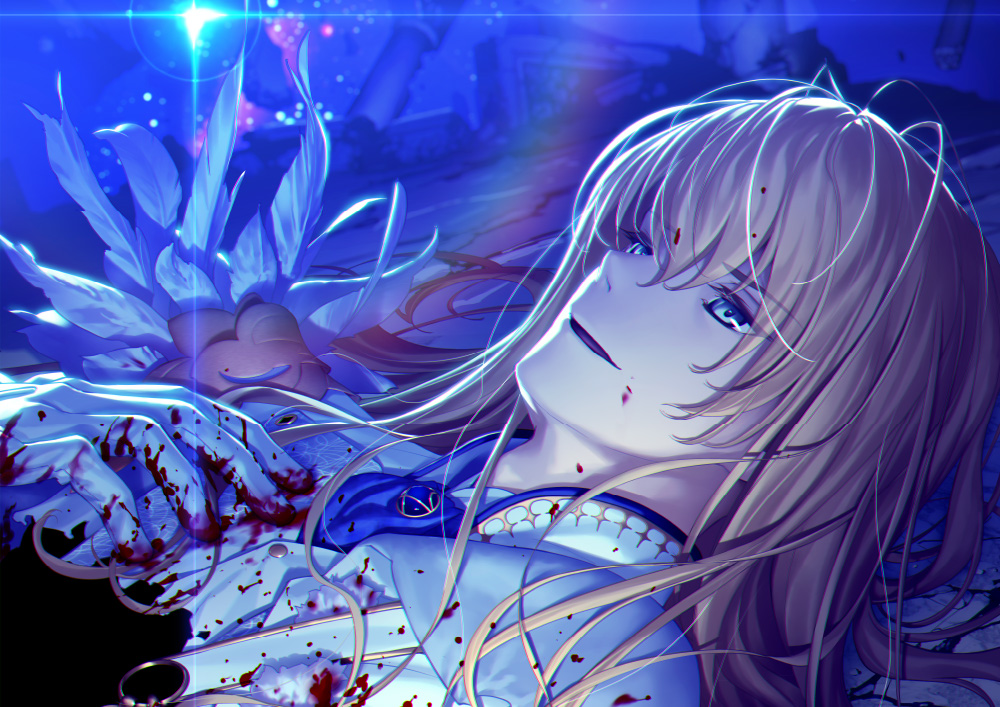 1boy artist_request bishounen bleeding blonde_hair blood blood_on_clothes blood_on_face blood_splatter blue_eyes fate/grand_order fate_(series) formal injury kirschtaria_wodime light_smile long_hair lying on_back open_mouth solo suit white_suit