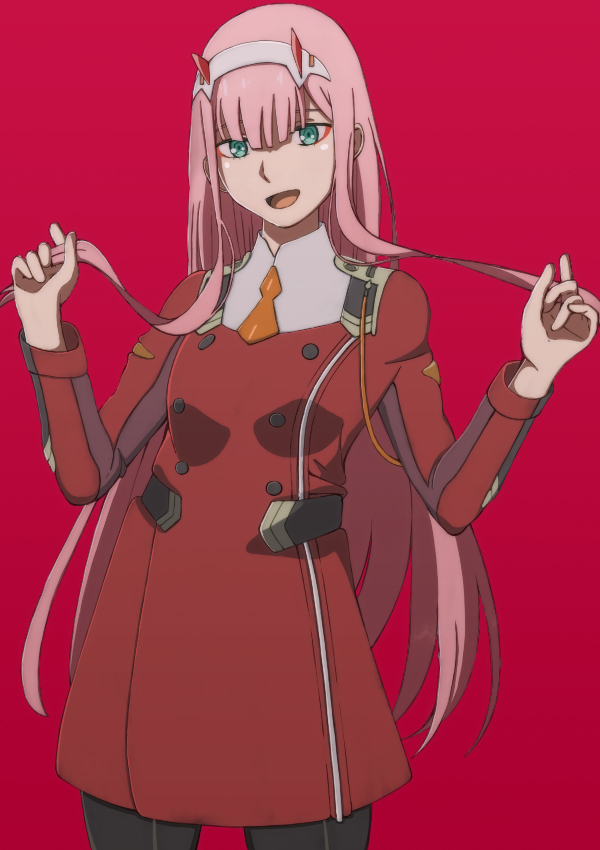 1girl aged_down bangs breasts darling_in_the_franxx green_eyes hairband horns long_hair looking_at_viewer medium_breasts oni_horns pink_hair red_horns rikku04 solo white_hairband zero_two_(darling_in_the_franxx)