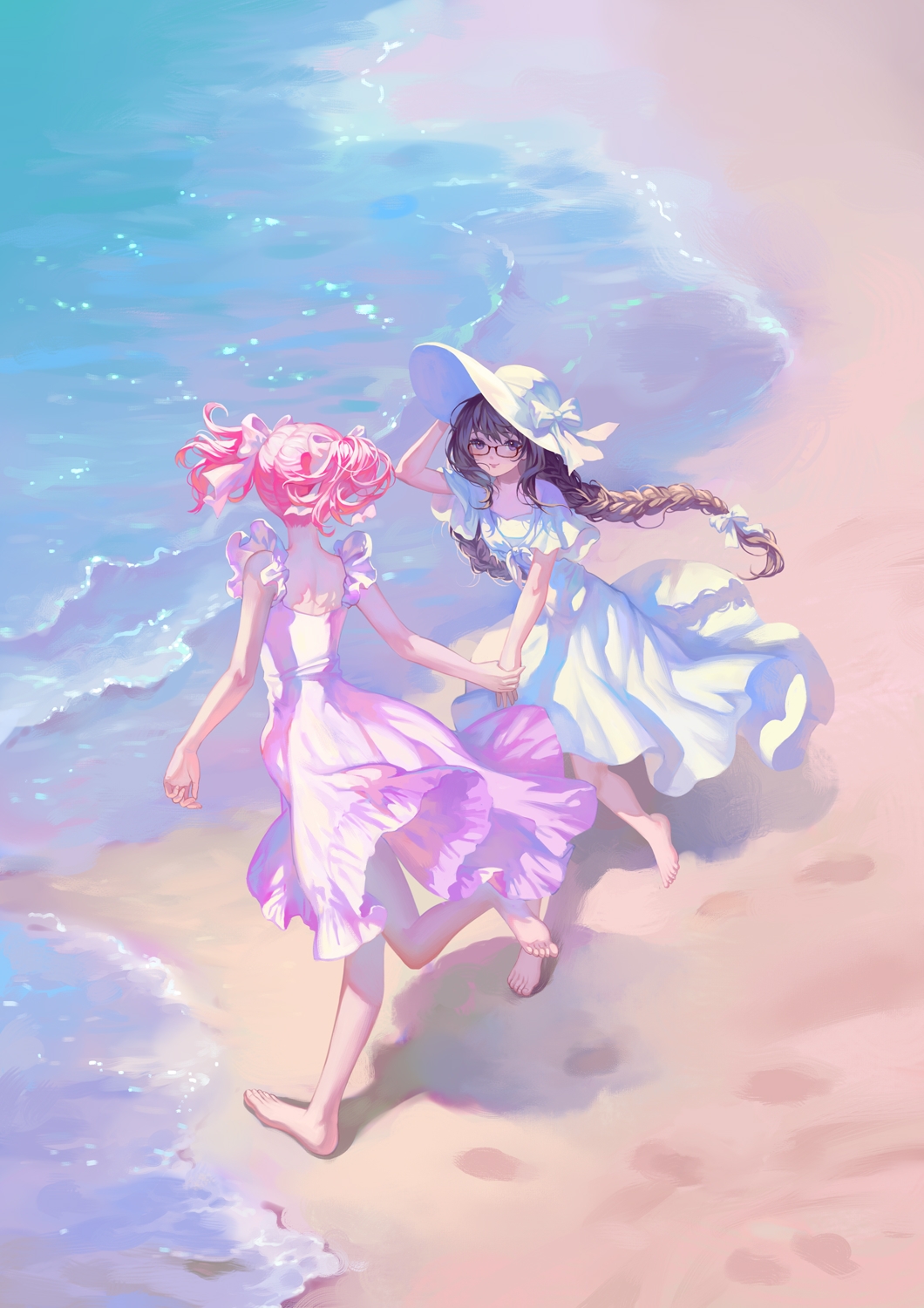 2girls akemi_homura alternate_costume bangs bare_arms barefoot beach bow braid dress facing_another footprints frilled_dress frilled_sleeves frills from_above front-tie_top full_body glasses hair_bow hand_on_headwear hand_up hat hat_bow hei_yu highres holding_hands kaname_madoka long_hair looking_at_another mahou_shoujo_madoka_magica multiple_girls ocean outdoors pink_dress pink_hair red-framed_eyewear running sand short_hair short_sleeves short_twintails shoulder_blades smile sun_hat sundress twin_braids twintails violet_eyes water white_dress white_headwear