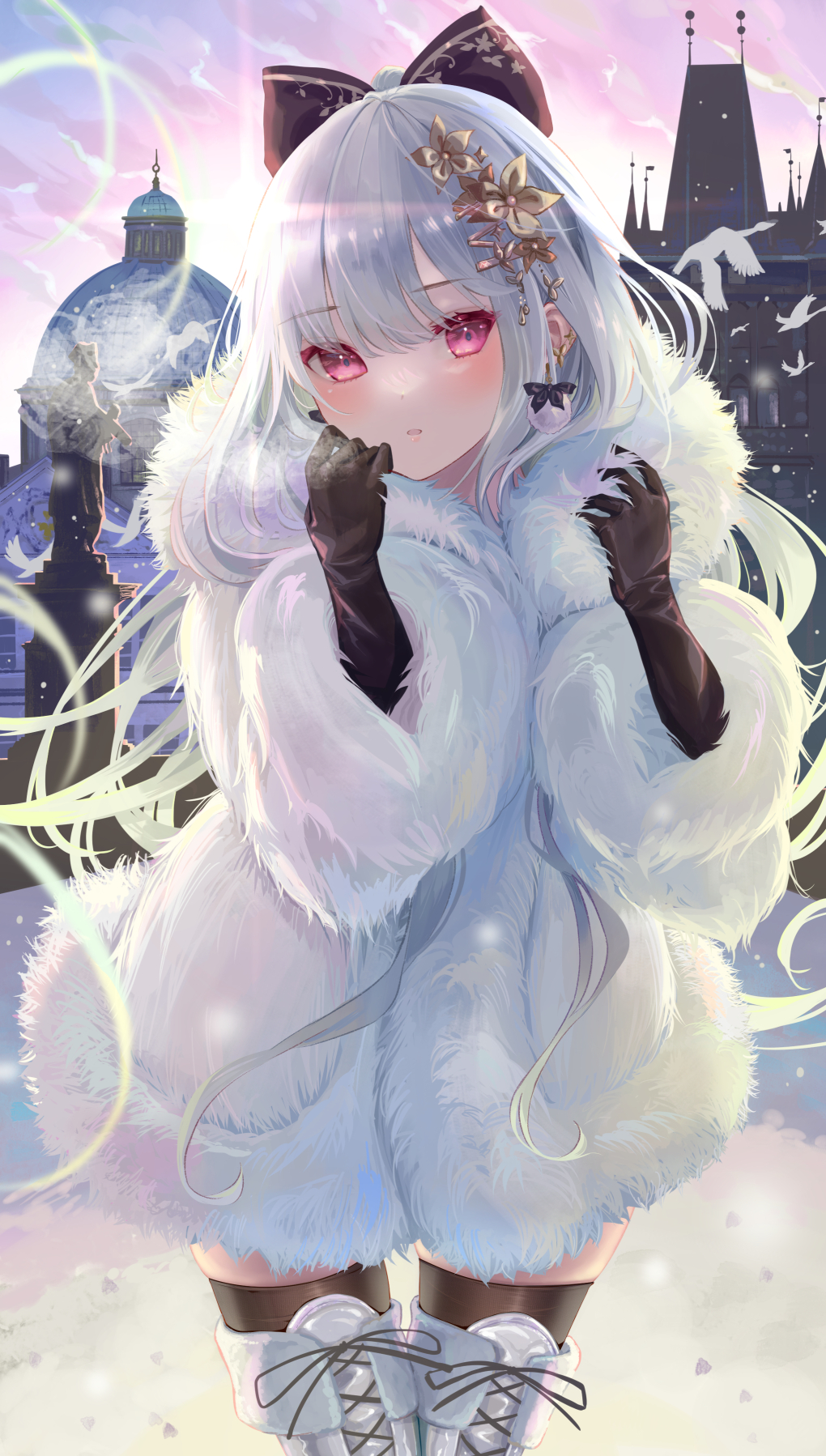 1girl bird black_gloves black_thighhighs blush boots bow bow_earrings breath building coat commentary earrings feet_out_of_frame floating_hair fur_coat gloves hair_ornament hands_up highres ito_lab jewelry long_hair long_sleeves original outdoors parted_lips pom_pom_(clothes) red_eyes sidelocks sky snow thigh-highs thigh_boots very_long_hair white_bird white_coat white_footwear white_hair zettai_ryouiki