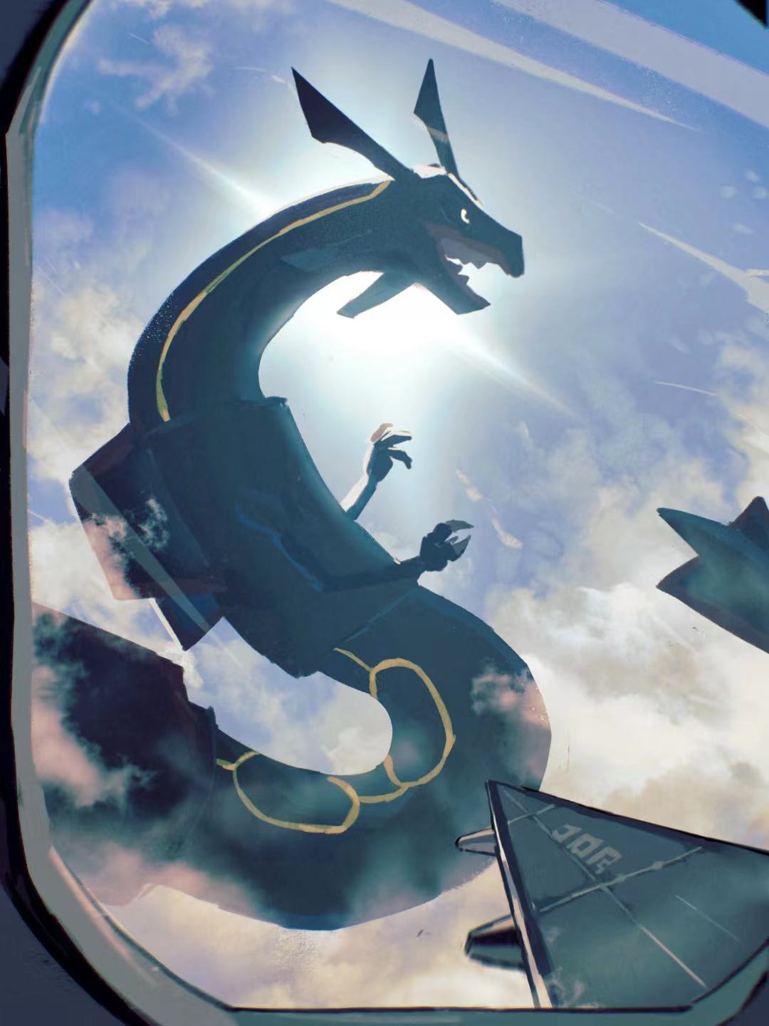 aircraft airplane alternate_color arc_draws black_sclera claws clouds colored_sclera commentary_request day dragon eastern_dragon from_side glass highres no_humans open_mouth pokemon pokemon_(creature) rayquaza shiny_pokemon sky solo window yellow_eyes