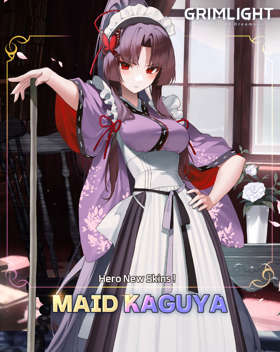 1girl apron bangs blush breasts brown_hair butterfly_hair_ornament grimlight hair_ornament hand_on_hip high_ponytail japanese_clothes kaguya_(grimlight) kimono large_breasts long_hair maid maid_headdress official_art parted_bangs red_eyes sidelocks solo wa_maid white_apron
