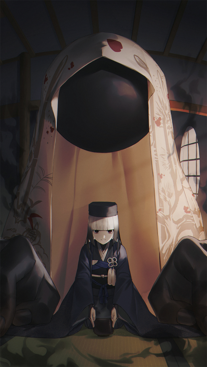 1girl black_eyes cup darkness disembodied_limb fate/grand_order fate_(series) giant_hand grey_hair hat highres japanese_clothes kibou kimono monster seiza sen_no_rikyu_(fate) sitting smile steam window yunomi