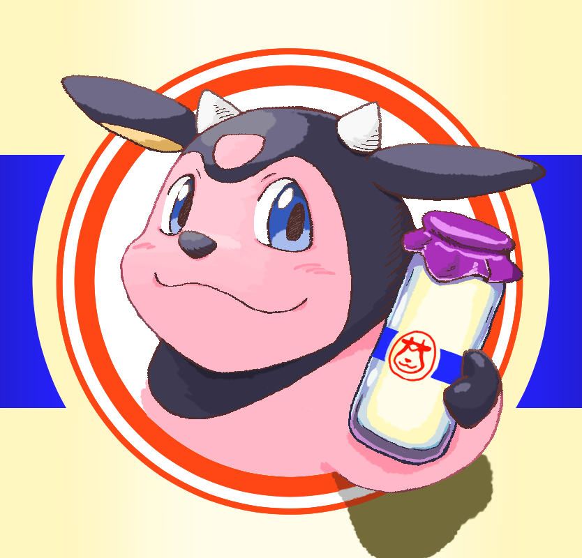 ame_(regular_badge) blue_eyes blush bottle closed_mouth commentary_request holding holding_bottle looking_at_viewer milk_bottle miltank moomoo_milk no_humans pokemon pokemon_(creature) smile solo
