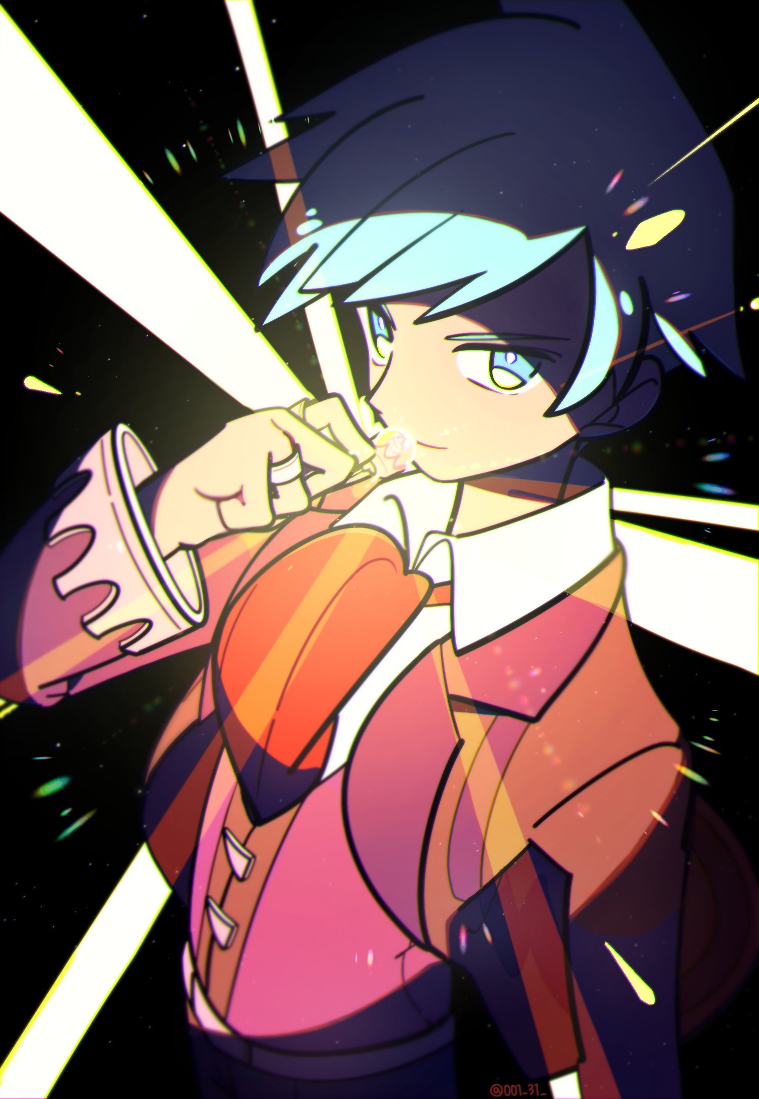 1boy bangs black_background blue_eyes blue_hair chueog closed_mouth collared_shirt glowing hand_up highres holding jacket jewelry long_sleeves male_focus necktie pokemon pokemon_(game) pokemon_oras purple_vest ring shirt short_hair smile solo steven_stone twitter_username upper_body vest white_shirt