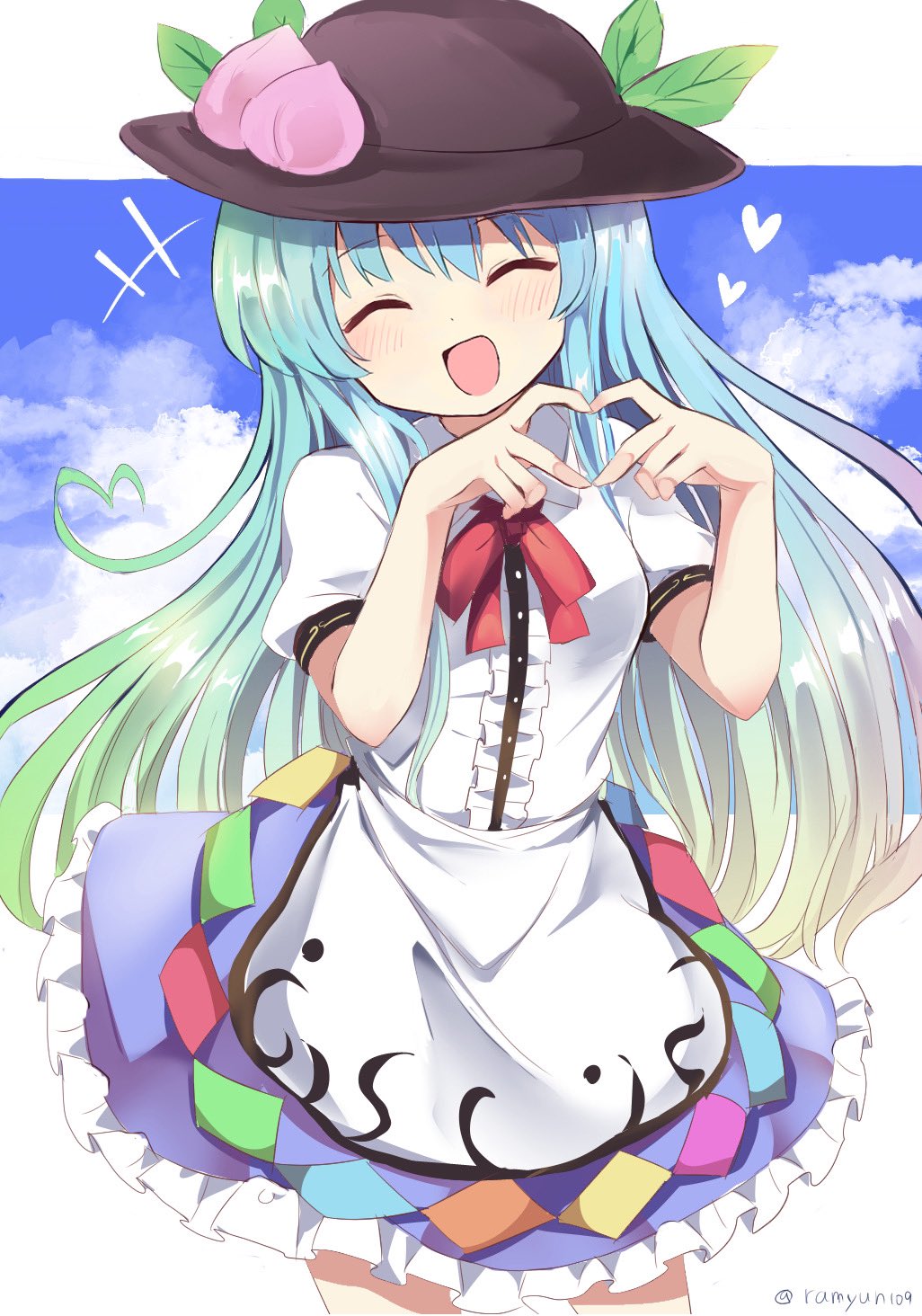 1girl apron bangs black_headwear blue_hair blue_skirt blush bow buttons center_frills closed_eyes collared_shirt food frills fruit gradient_hair hat heart highres hinanawi_tenshi leaf long_hair multicolored_hair neck_ribbon open_mouth peach puffy_short_sleeves puffy_sleeves rainbow_hair rainbow_order ramudia_(lamyun) red_bow redrawn ribbon shirt short_sleeves sidelocks skirt sky smile solo touhou white_background white_shirt