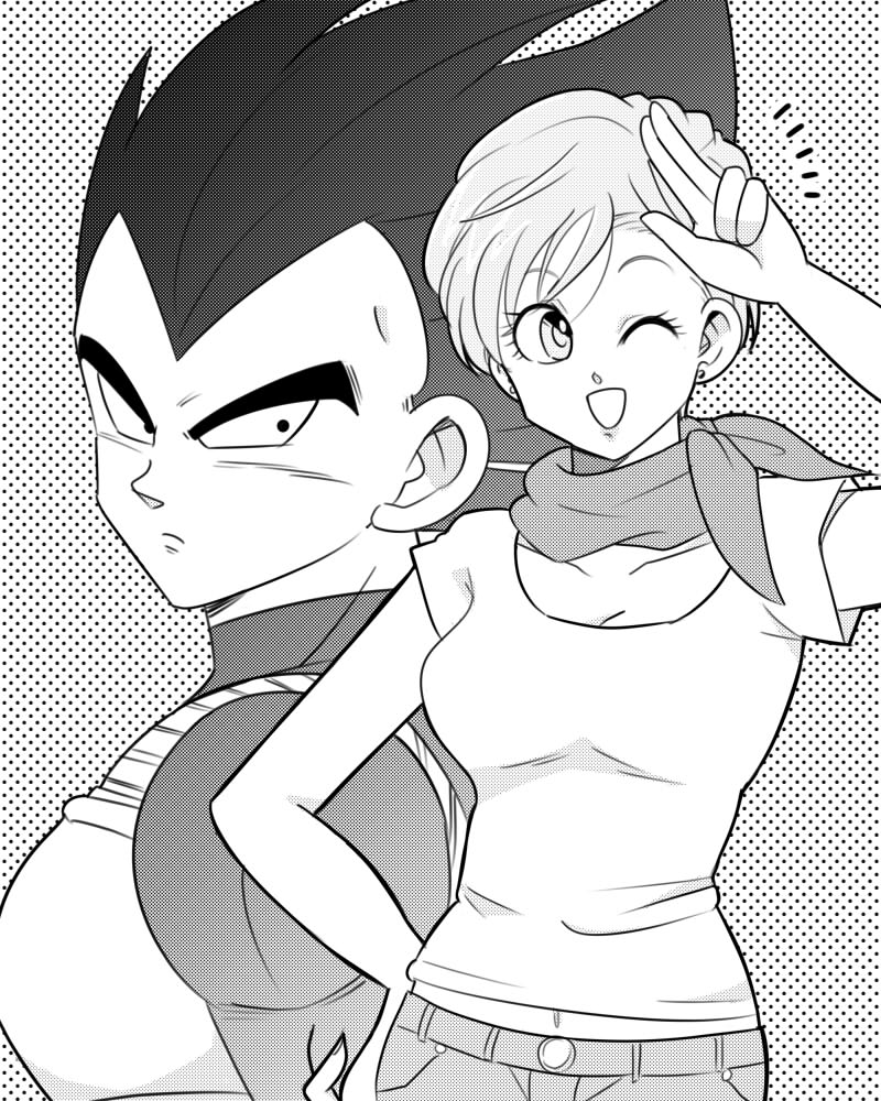 1boy 1girl armor breasts bulma dragon_ball dragon_ball_super earrings frown hand_on_hip jewelry medium_breasts neckerchief one_eye_closed open_mouth pesogin polka_dot polka_dot_background shirt short_hair smile stud_earrings t-shirt vegeta