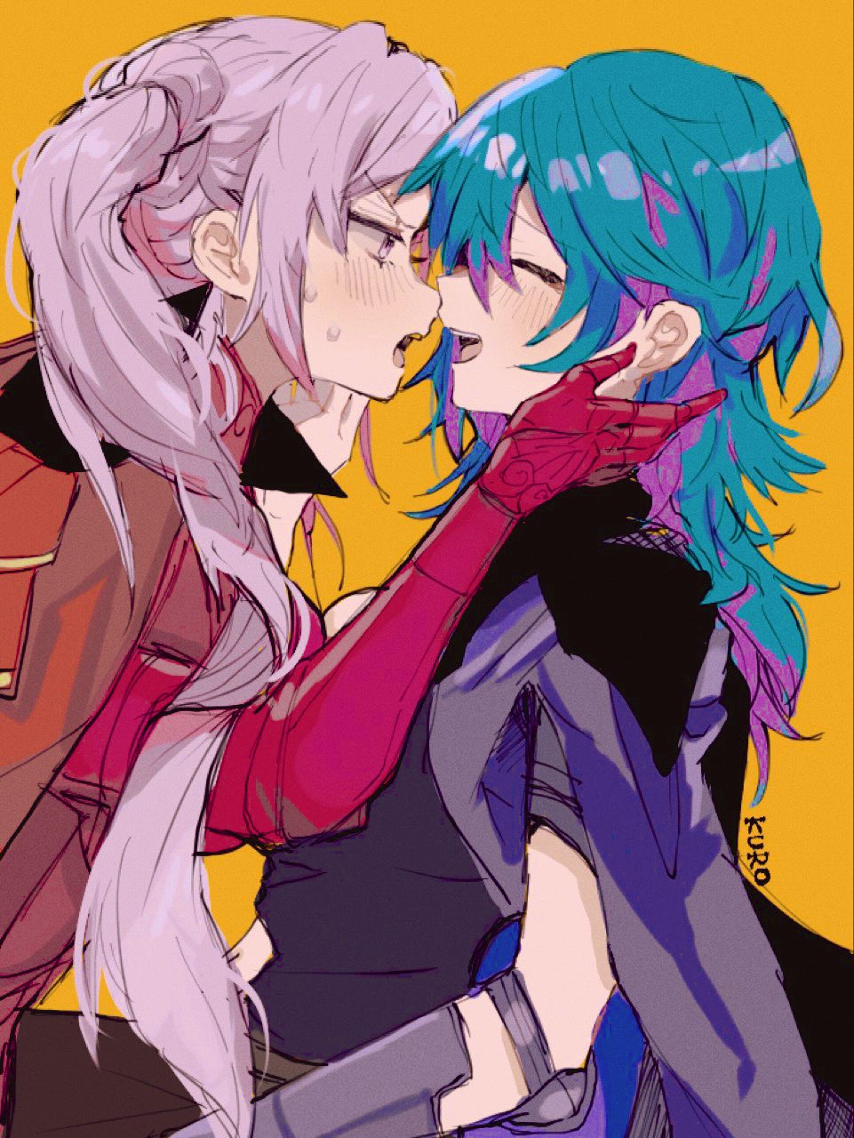 2girls artist_name blush byleth_(fire_emblem) byleth_eisner_(female) closed_eyes commentary edelgard_von_hresvelg english_commentary face-to-face fire_emblem fire_emblem:_three_houses from_side green_hair grey_hair hand_on_another's_cheek hand_on_another's_face highres kurosukenekocha long_hair looking_at_another messy_hair multicolored_hair multiple_girls profile purple_hair sketch sweat two-tone_hair yellow_background yuri