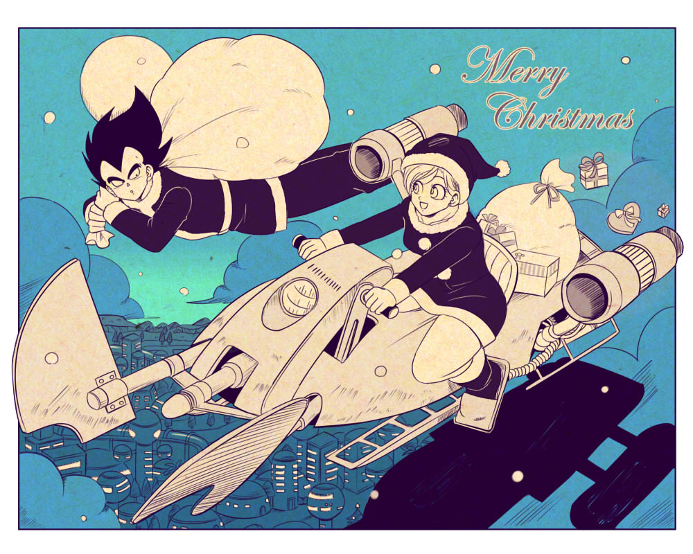 1boy 1girl bag border box bulma city dragon_ball dragon_ball_super dress flying gift gift_box greyscale hat hover_bike husband_and_wife merry_christmas monochrome open_mouth outside_border pesogin santa_costume santa_dress santa_hat short_hair smile vegeta white_border