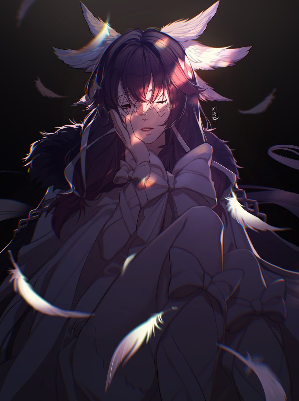 1girl artist_name bangs bow coat columbina_(genshin_impact) eye_mask feathered_wings feathers fur-trimmed_coat fur_trim genshin_impact hair_wings hand_on_own_face head_wings highres kirisy_art long_hair one_eye_closed parted_lips solo white_bow white_coat white_mask wing_hair_ornament wings