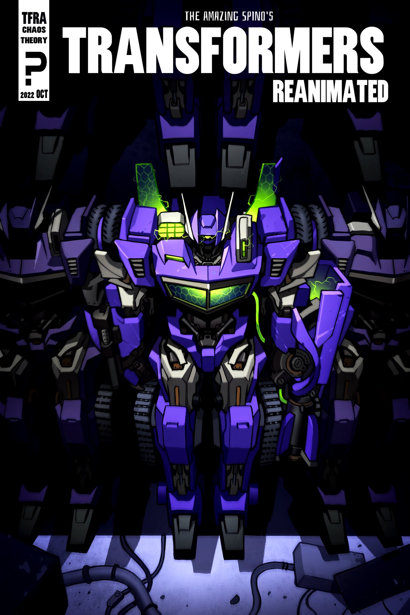 arm_cannon bad_id bad_twitter_id cable caterpillar_tracks comic_cover copyright_name cover cover_page decepticon fake_cover glowing glowing_eye green_eyes highres mecha no_humans redesign robot science_fiction shockblast theamazingspino transformers weapon wheel