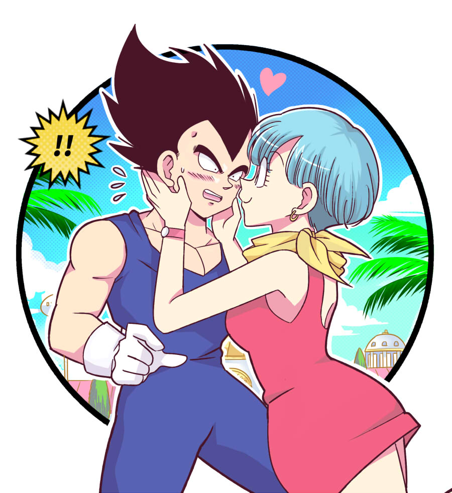 ! !! 1boy 1girl black_hair blue_hair blue_overalls bulma dragon_ball dragon_ball_z dress earrings gloves heart husband_and_wife jewelry neckerchief overalls pesogin red_dress short_dress short_hair smile sweatdrop vegeta white_gloves yellow_neckerchief