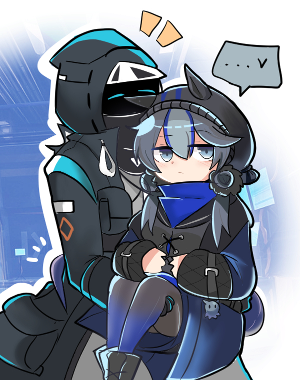 ... 1girl 1other animal_ears arknights bangs black_jacket blue_eyes blue_hair blush carrying carrying_person commentary_request doctor_(arknights) expressionless glaucus_(arknights) holding hood hood_up hooded_jacket jacket long_sleeves low_twintails multicolored_hair omo_(h98013114) open_clothes open_jacket speech_bubble streaked_hair twintails