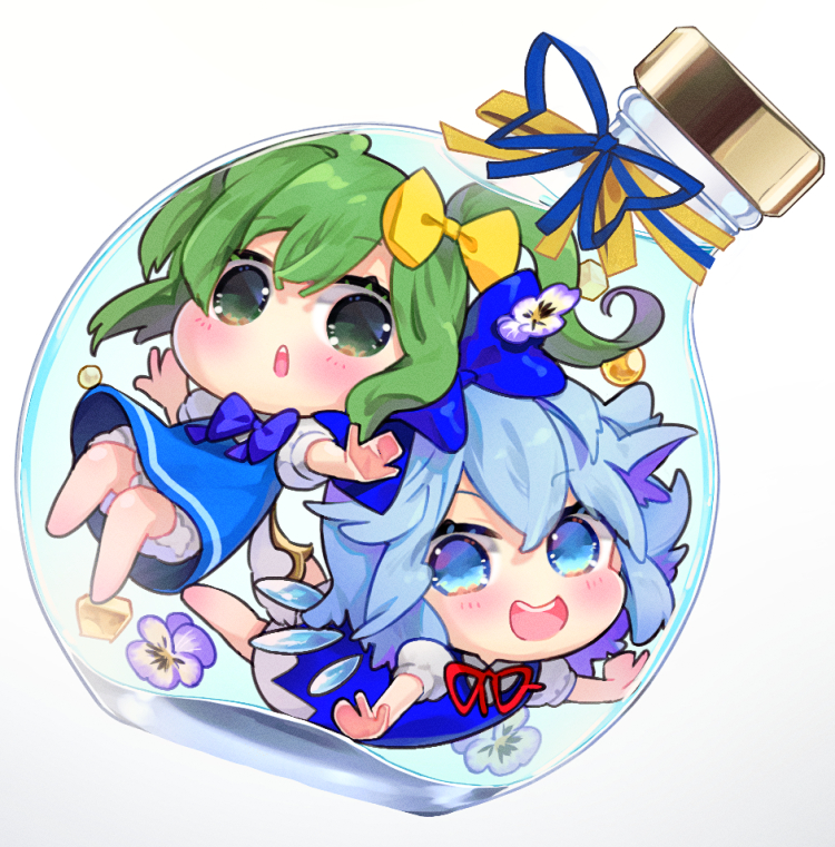 2girls arms_up bangs bloomers blue_bow blue_dress blue_eyes blue_hair blush bottle bow bowtie chibi cirno collared_shirt daiyousei dress fairy fairy_wings flower green_eyes green_hair grey_flower hair_between_eyes hair_bow hands_up ice ice_wings looking_at_another looking_up multiple_girls open_mouth ponytail puffy_short_sleeves puffy_sleeves purple_bow purple_bowtie purple_flower red_bow red_bowtie shirt short_hair short_ponytail short_sleeves side_ponytail simple_background smile syuri22 teeth tongue touhou underwear white_background white_bloomers white_shirt wings yellow_bow