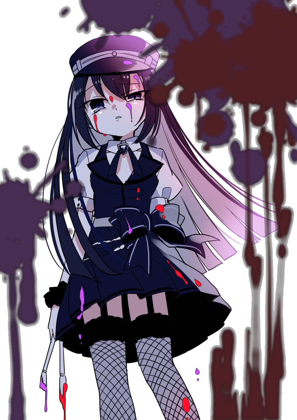 1girl alina_gray ayumaru_(art_of_life) bangs black_bow black_headwear black_necktie black_thighhighs black_vest blood blood_on_face blood_splatter blunt_ends bow brooch chain collar cross_tie detached_collar fishnet_thighhighs fishnets fur-trimmed_thighhighs fur_cuffs fur_trim garter_straps hair_between_eyes hat highres jewelry lapels long_hair magia_record:_mahou_shoujo_madoka_magica_gaiden magical_girl mahou_shoujo_madoka_magica miniskirt multicolored_hair necktie notched_lapels peaked_cap pleated_skirt puffy_short_sleeves puffy_sleeves see-through see-through_sleeves short_sleeves sidelocks skirt sleeve_cuffs solo straight_hair streaked_hair striped striped_skirt thigh-highs v-neck vertical-striped_skirt vertical_stripes very_long_hair vest waist_bow white_collar white_sleeves