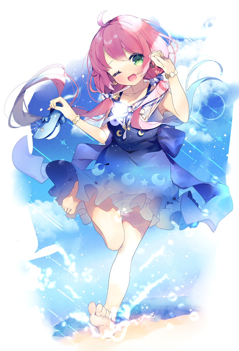 1girl ;d ahoge barefoot blue_dress blush bracelet candy_hair_ornament crescent crescent_earrings dress earrings food-themed_hair_ornament frilled_dress frills gradient_hair green_eyes hair_ornament heterochromia highres himemori_luna holding holding_shoes hololive jewelry long_hair looking_at_viewer low_twintails multicolored_hair official_alternate_costume official_alternate_hairstyle one_eye_closed open_mouth pink_dress pink_hair purple_hair ribbon-trimmed_dress sailor_dress shoes shoes_removed short_dress sleeveless sleeveless_dress smile solo standing standing_on_one_leg twintails violet_eyes virtual_youtuber w_arms yun_(dust-i1)