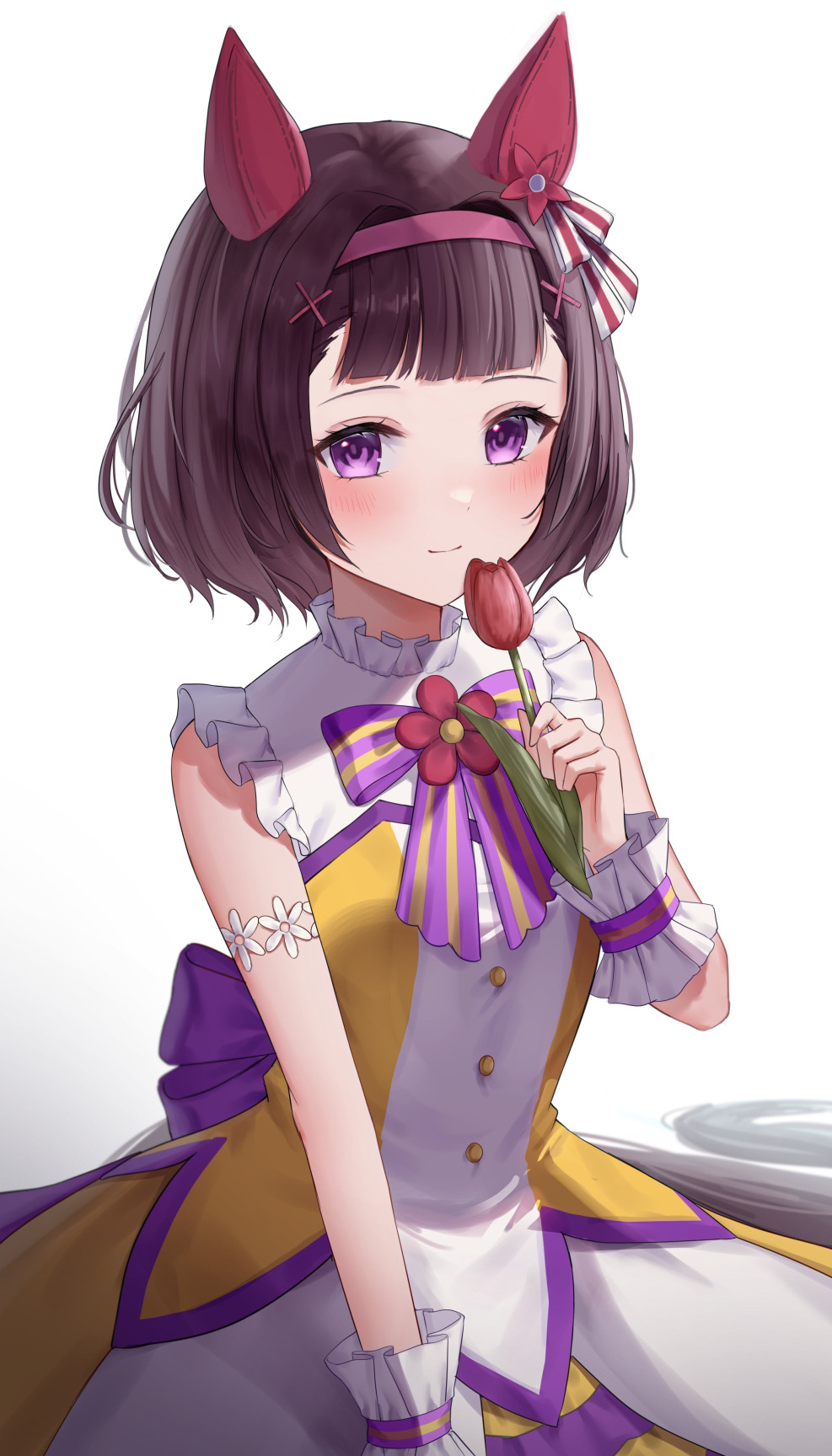 1girl animal_ears bangs blunt_bangs blush bob_cut bow bowtie brown_hair closed_mouth ear_covers flower hair_ornament hairband hairclip highres holding holding_flower horse_ears horse_girl horse_tail looking_at_viewer nishino_flower_(umamusume) purple_bow purple_bowtie red_hairband shirt short_hair skirt skirt_set sleeveless sleeveless_shirt smile solo tail two-tone_shirt two-tone_skirt umamusume violet_eyes white_shirt white_skirt wrist_cuffs x_hair_ornament yellow_shirt yellow_skirt yoimoriyoru