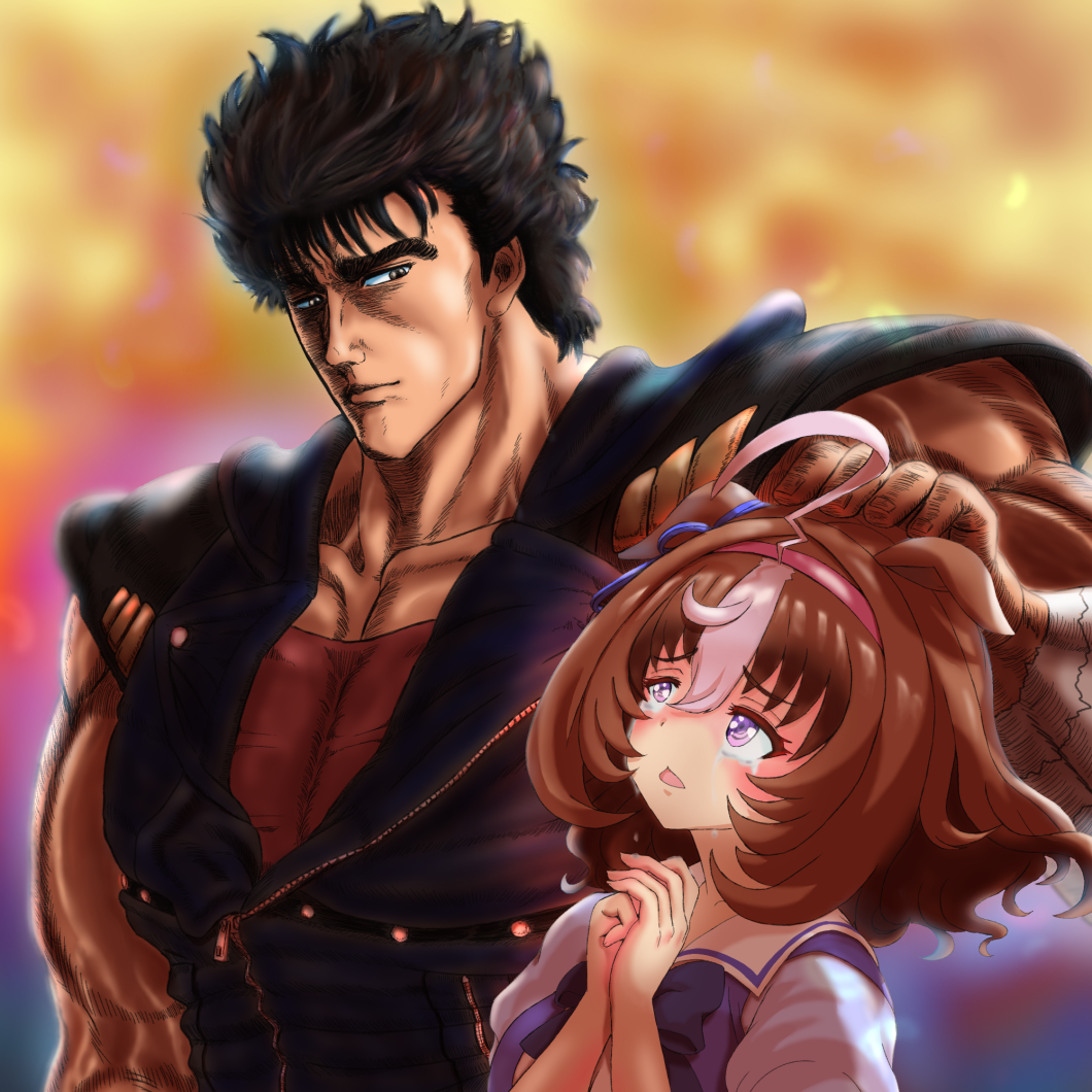 1boy 1girl :3 @_@ animal_ears brown_hair dojikko headpat hokuto_no_ken horse_ears horse_girl kenshiro manly meisho_doto_(umamusume) school_uniform short_hair tears tomotan_(pixiv_30448887) tracen_school_uniform trainer_(umamusume) umamusume violet_eyes