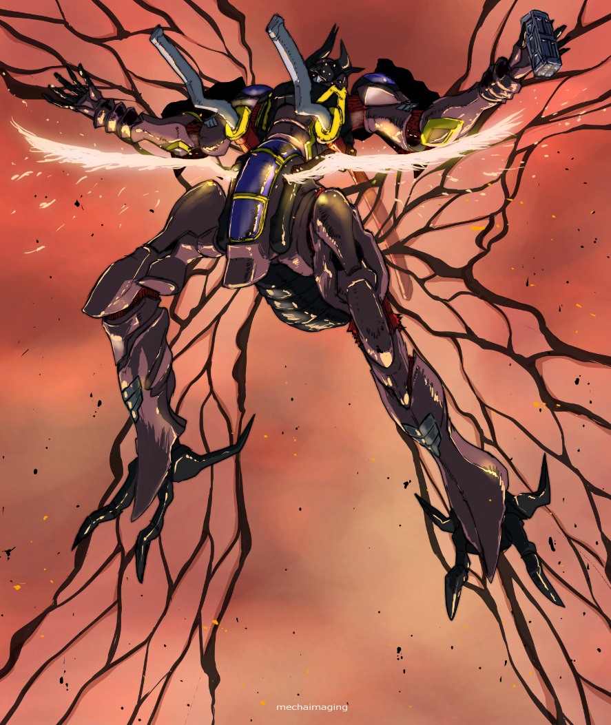 extra_eyes holding insect_wings looking_to_the_side mecha no_humans open_hand oukaoh rean_no_tsubasa red_eyes robot sheath sheathed solo sword weapon wings yamada_yuuji