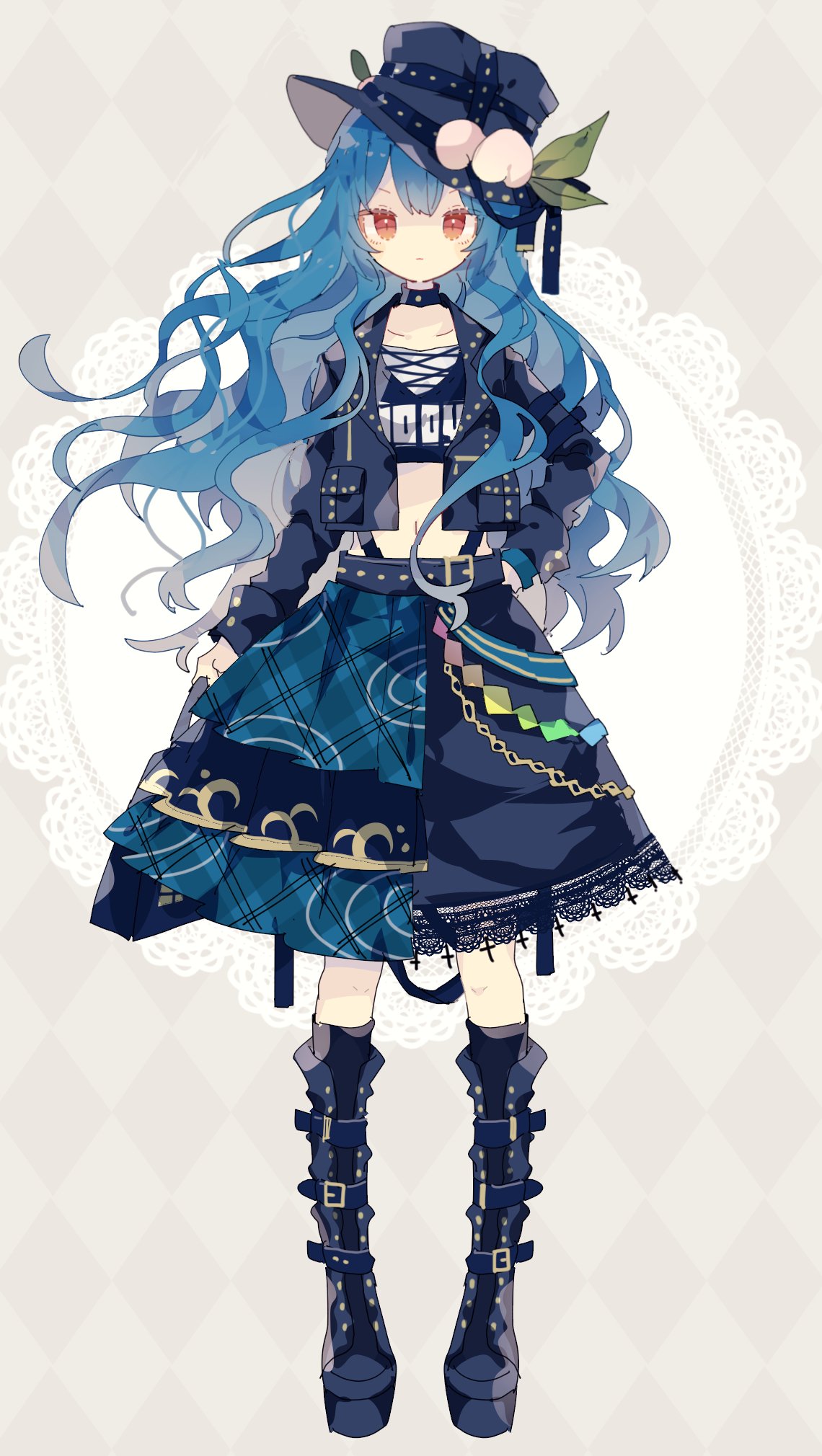 1girl argyle argyle_background black_footwear black_headwear black_jacket blue_hair blue_skirt boots closed_mouth collarbone food food-themed_hat_ornament fruit fruit_hat_ornament full_body hat hat_ornament highres hinanawi_tenshi jacket knee_boots long_hair long_sleeves navel nikorashi-ka open_clothes open_jacket peach pleated_skirt rainbow_order red_eyes skirt solo touhou