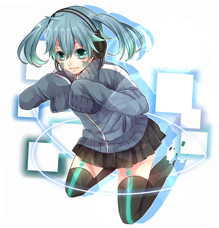 1girl bangs blue_eyes blue_hair digital_dissolve ene_(kagerou_project) facial_mark glowing headphones high_collar izumi_chiro jacket kagerou_project long_sleeves pleated_skirt short_hair skirt sleeves_past_fingers sleeves_past_wrists smile solo thigh-highs track_jacket twintails