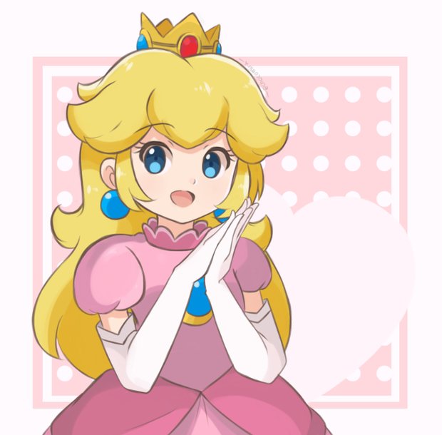 1girl aqua_eyes artist_name blonde_hair blush chocomiru crown dress earrings jewelry long_hair looking_at_viewer non-web_source pink_dress princess_peach smile solo source_request super_mario_bros. upper_body