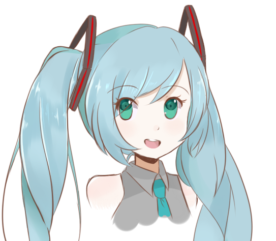 1girl aqua_eyes aqua_hair blue_hair blue_necktie chocomiru green_eyes grey_shirt happy hatsune_miku looking_at_viewer necktie non-web_source open_mouth shirt sleeveless sleeveless_shirt smile solo source_request twintails upper_body vocaloid