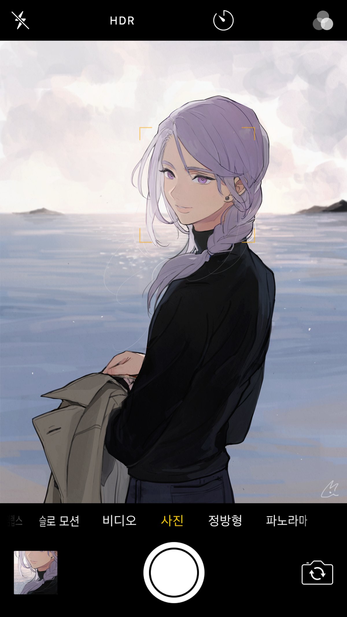 braid casual cellphone clouds cloudy_sky denim earrings facing_away final_fantasy final_fantasy_xiv highres holding holding_clothes holding_jacket hythlodaeus in_marnie jacket jeans jewelry ocean pants phone purple_hair sky smartphone square_enix turtleneck viewfinder violet_eyes