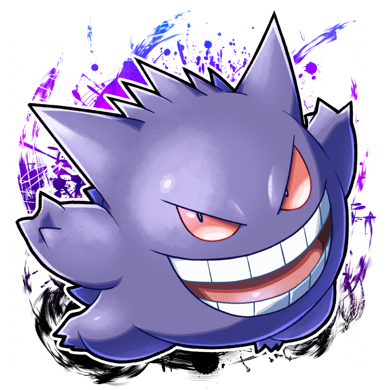 commentary_request gengar ghost grin karo-chan_(buttpurun) looking_at_viewer no_humans open_mouth outstretched_arms pokemon pokemon_(creature) red_eyes simple_background smile teeth