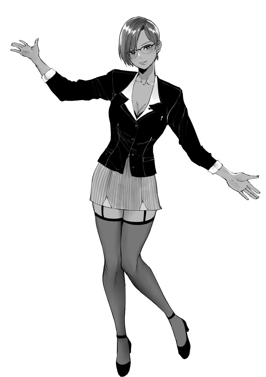 breasts business_suit dead_or_alive formal garter_straps glasses greyscale highres la_mariposa large_breasts lisa_hamilton monochrome norman_maggot office_lady outfit pose short_hair sketch skirt suit thigh-highs