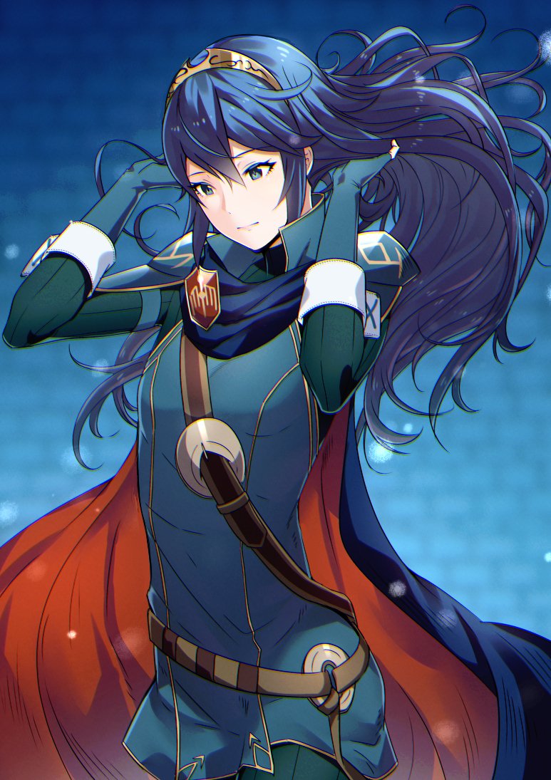 1girl ameno_(a_meno0) belt blue_cape blue_eyes blue_hair brown_belt cape closed_mouth fire_emblem fire_emblem_awakening floating_hair hands_in_hair hands_up long_hair lucina_(fire_emblem) red_cape solo tiara two-sided_cape two-sided_fabric wavy_hair