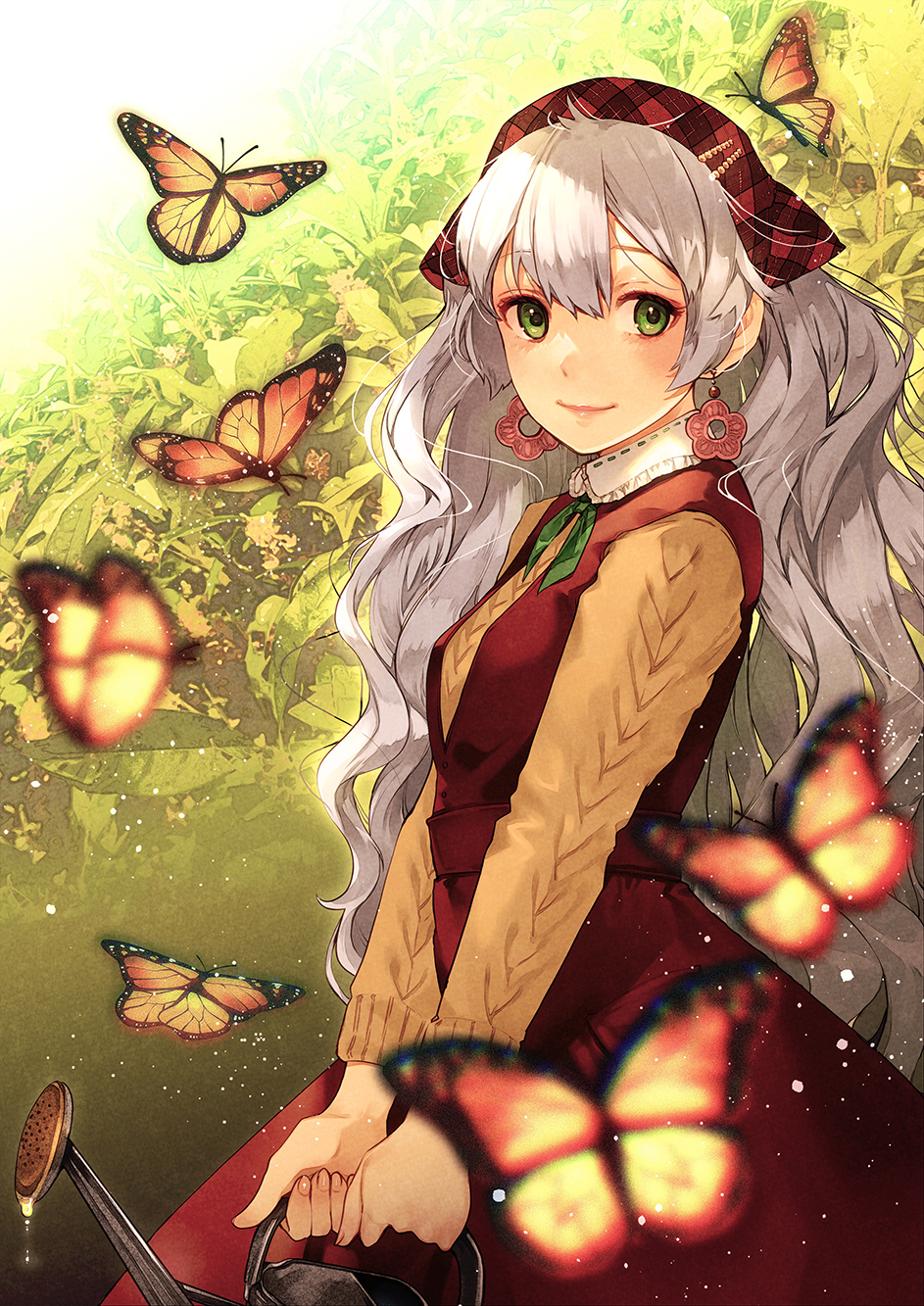 1girl blurry blurry_foreground bug butterfly closed_mouth dress earrings green_eyes green_ribbon grey_hair highres holding jewelry long_hair long_sleeves looking_at_viewer neck_ribbon original osmanthus pinafore_dress red_dress red_headwear ribbon shiny shiny_hair smile solo standing suzuri_suzuna sweater very_long_hair yellow_sweater