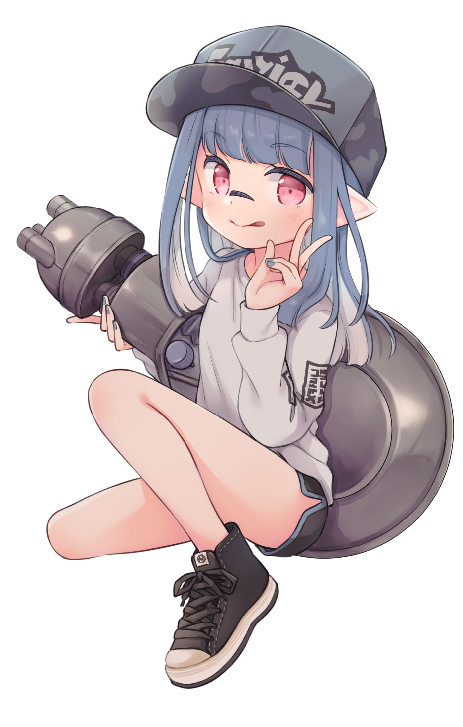 1girl :q baseball_cap black_footwear black_hair black_headwear black_shorts grey_shirt hat highres kiyomiya_ryou long_hair nail_polish original pointy_ears red_eyes shirt shoes short_shorts shorts sitting smile solo thighs tongue tongue_out v