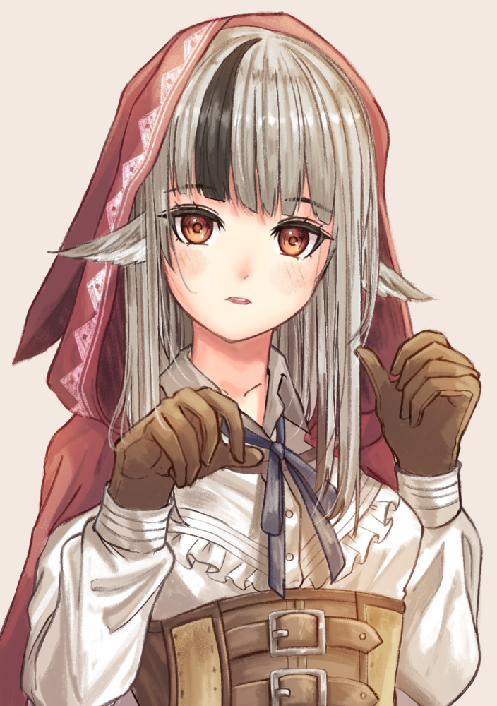 1girl animal_ears bangs belt belt_buckle black_hair blush brown_belt brown_eyes brown_gloves buckle buttons capelet collarbone collared_shirt commentary_request fire_emblem frilled_shirt frills fuussu_(21-kazin) gloves grey_background grey_hair hands_up hood hood_up long_hair looking_at_viewer multicolored_hair parted_lips paw_pose red_capelet shirt simple_background sleeves_past_wrists solo straight_hair streaked_hair teeth two-tone_hair underbust upper_body upper_teeth velouria_(fire_emblem) white_shirt wing_collar wolf_ears