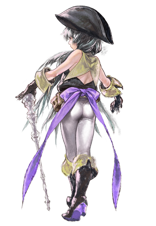 1girl ass backless_outfit boots bow enomoto_(bnd) from_behind gloves hat long_hair original pants purple_bow scepter solo tight tight_pants white_pants