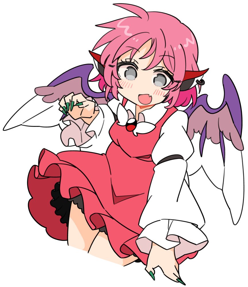 1girl animal_ears bird_ears bird_wings blush earrings fang grey_eyes ini_(inunabe00) jewelry mystia_lorelei no_headwear open_mouth pink_hair short_hair simple_background single_earring skin_fang smile solo touhou white_background white_wings wings