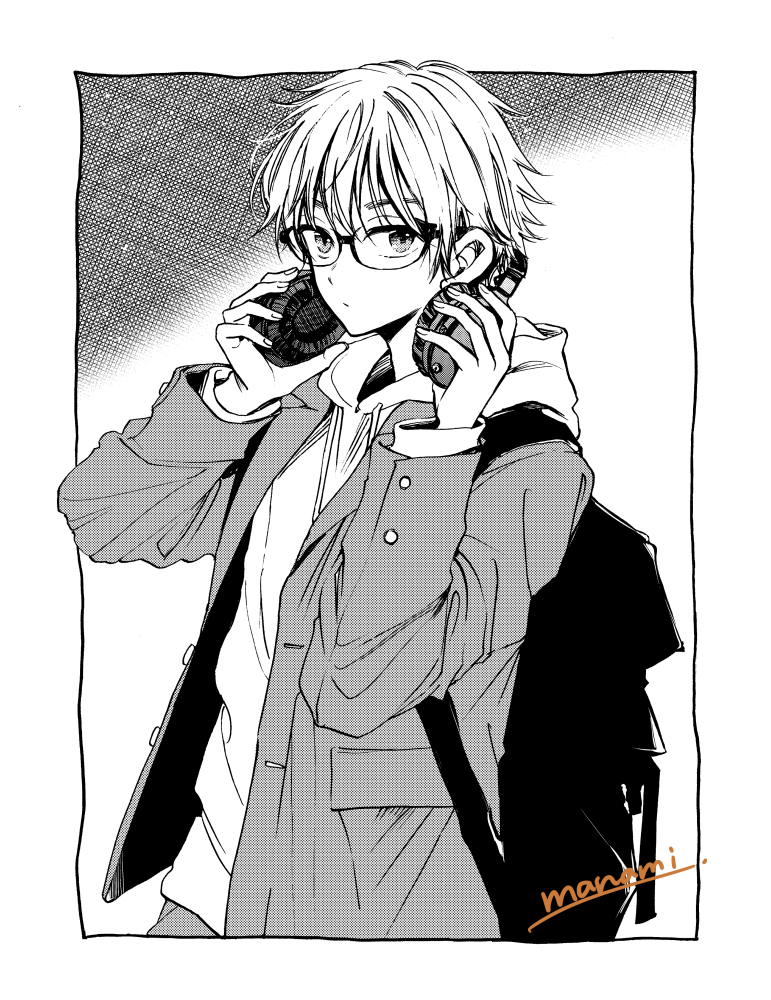 1boy backpack bag bangs border closed_mouth commentary_request drawstring glasses greyscale hands_on_headphones hands_up headphones headphones_around_neck hood hood_down hoodie jacket long_sleeves looking_at_viewer male_focus monochrome open_clothes open_jacket original shirt short_hair signature solo sugano_manami upper_body white_border