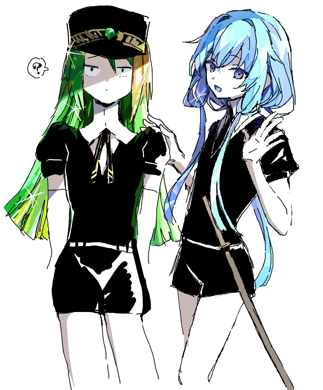 2girls alina_gray aqua_eyes bangs black_headwear blue_eyes blue_hair blunt_ends boyano crystal_hair gem_uniform_(houseki_no_kuni) gloves green_hair hair_between_eyes hat highres houseki_no_kuni long_hair looking_at_viewer magia_record:_mahou_shoujo_madoka_magica_gaiden mahou_shoujo_madoka_magica multicolored_hair multiple_girls necktie sena_mikoto shirt short_sleeves shorts sidelocks smile sparkle straight_hair streaked_hair very_long_hair