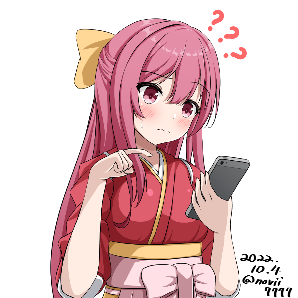 1girl ? ?? bow breasts cellphone hair_between_eyes hair_bow hakama holding holding_phone japanese_clothes kamikaze_(kancolle) kantai_collection kimono long_hair meiji_schoolgirl_uniform no._vii phone pink_hakama purple_hair red_kimono small_breasts smartphone solo sweatdrop upper_body violet_eyes white_background yellow_bow