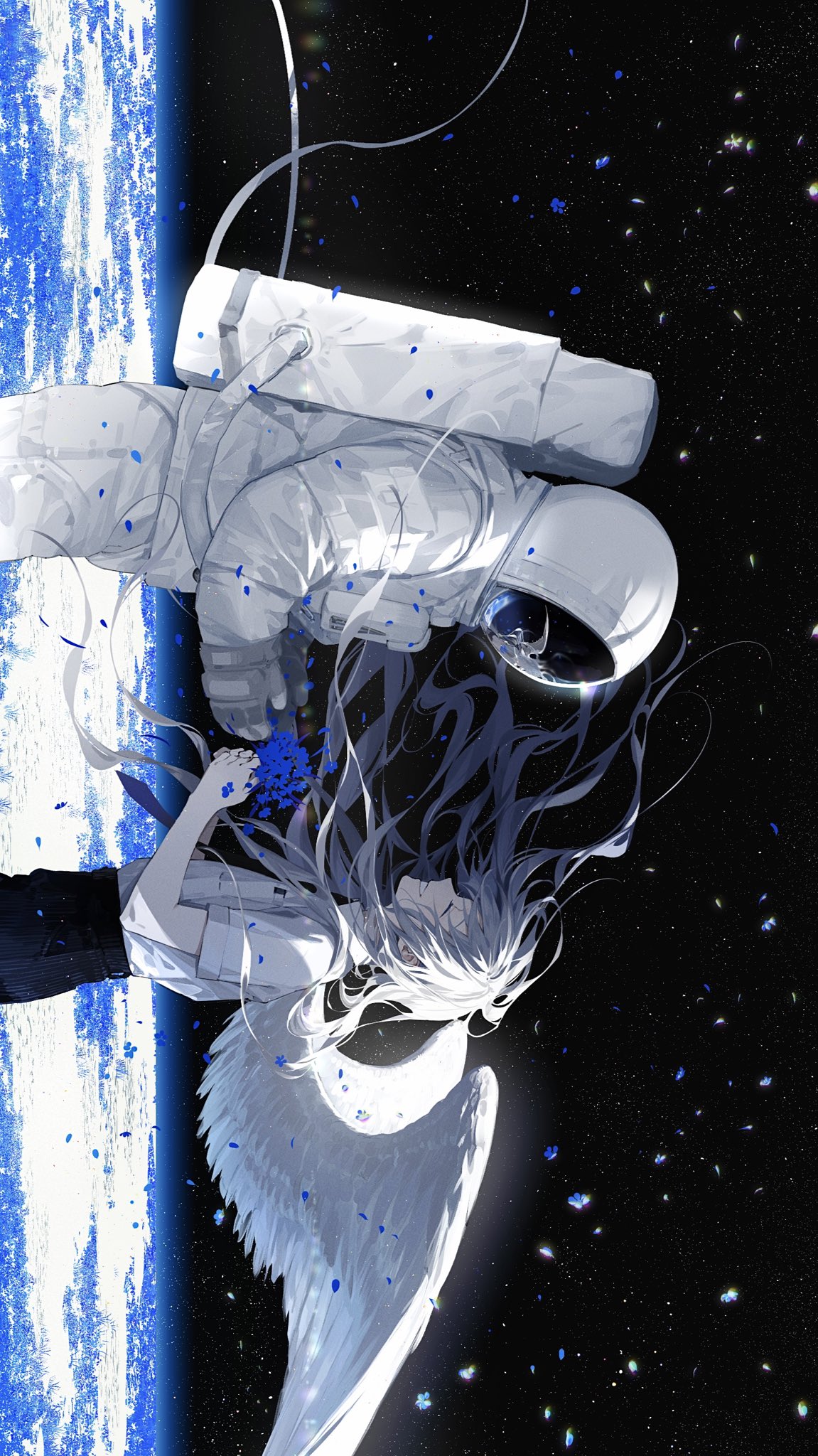 1girl 1other ambiguous_gender astronaut blue_flower closed_eyes feathered_wings flower highres holding holding_flower kazari_tayu long_hair looking_at_another original shirt short_sleeves sideways space space_helmet spacesuit star_(sky) white_hair white_shirt white_wings wings