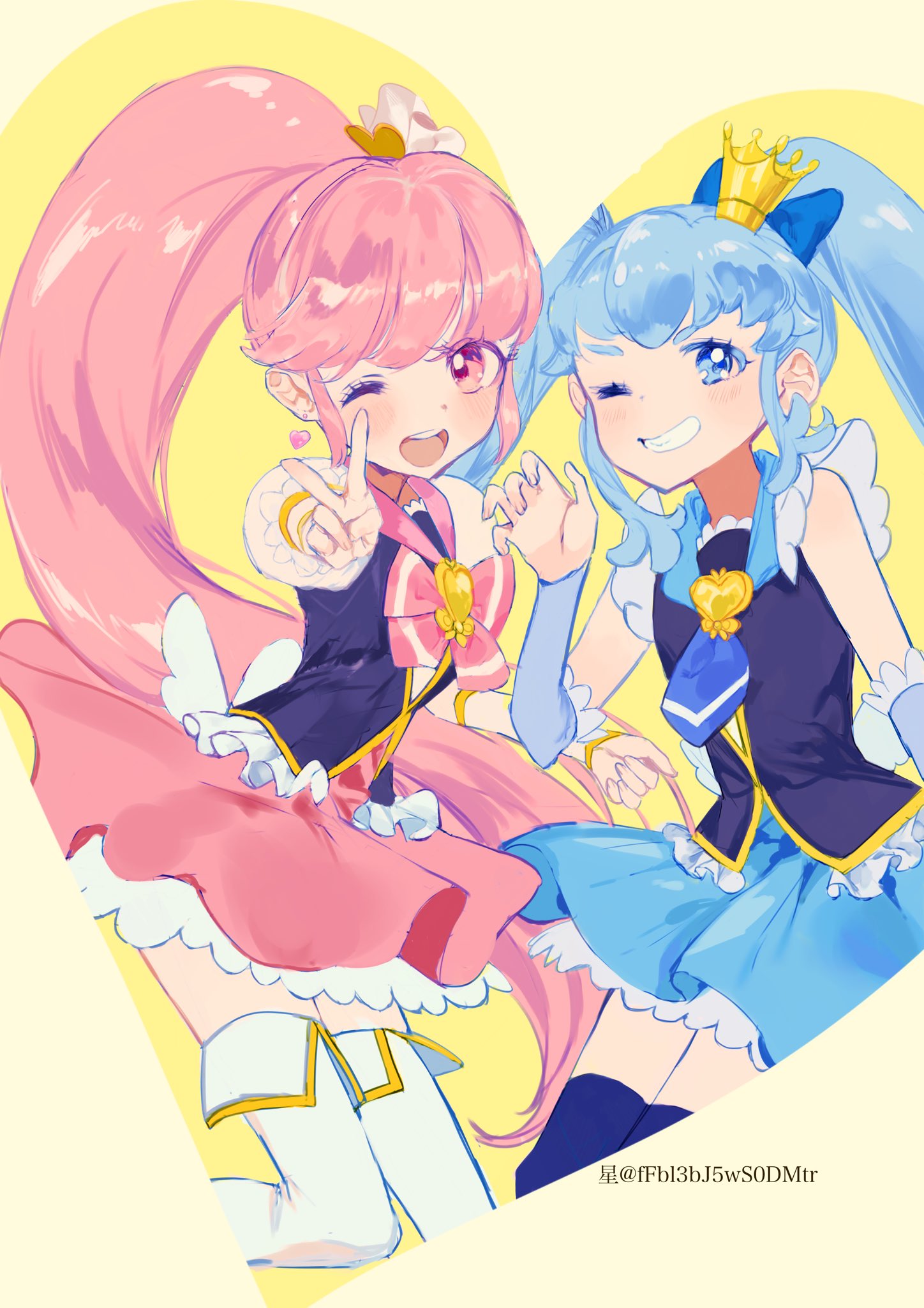 2girls aino_megumi black_thighhighs blue_hair blue_skirt boots brooch cowboy_shot crown cure_lovely cure_princess hair_ornament hair_ribbon happinesscharge_precure! heart_brooch highres jewelry magical_girl mini_crown multiple_girls one_eye_closed open_mouth pink_eyes pink_hair pink_skirt precure puffy_short_sleeves puffy_sleeves ribbon seika_(yuimarutoka0219) shirayuki_hime short_sleeves skirt smile thigh-highs thigh_boots twintails twitter_username vest white_footwear wide_ponytail wing_brooch wing_earrings yellow_background
