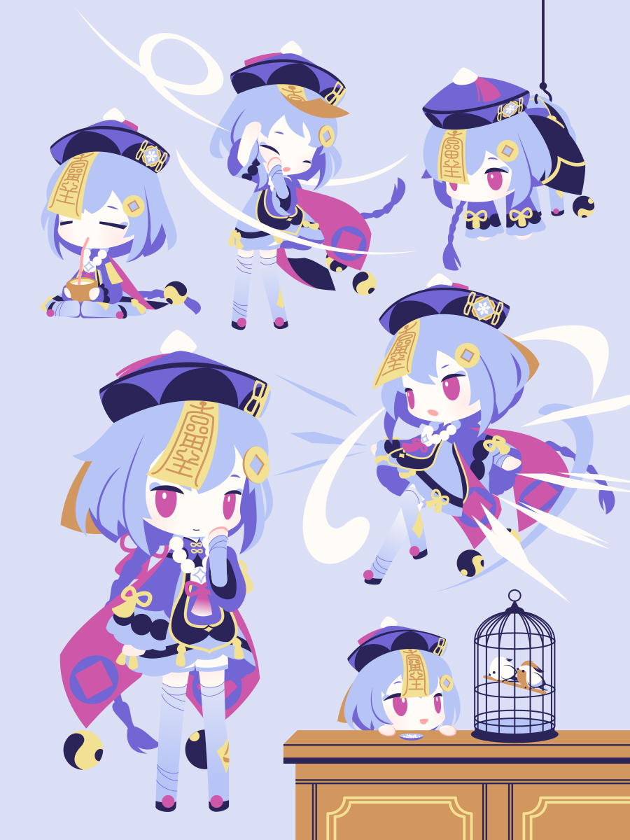 1girl bird birdcage braid cage chibi closed_eyes closed_mouth cobalta cup drinking drinking_straw genshin_impact highres holding holding_cup long_hair open_mouth pink_eyes purple_background purple_hair qiqi_(genshin_impact) simple_background single_braid