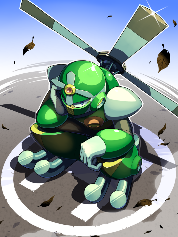 1boy android armor black_bodysuit blue_background blue_eyes bodysuit commentary_request covered_mouth falling_leaves full_body glint gloves gradient gradient_background green_headwear gyro_man hand_on_own_cheek hand_on_own_face hand_up helipad helmet leaf looking_at_viewer male_focus mega_man_(classic) mega_man_(series) mega_man_5 napo outdoors propeller robot_ears shadow shoulder_armor solo squatting white_gloves wind