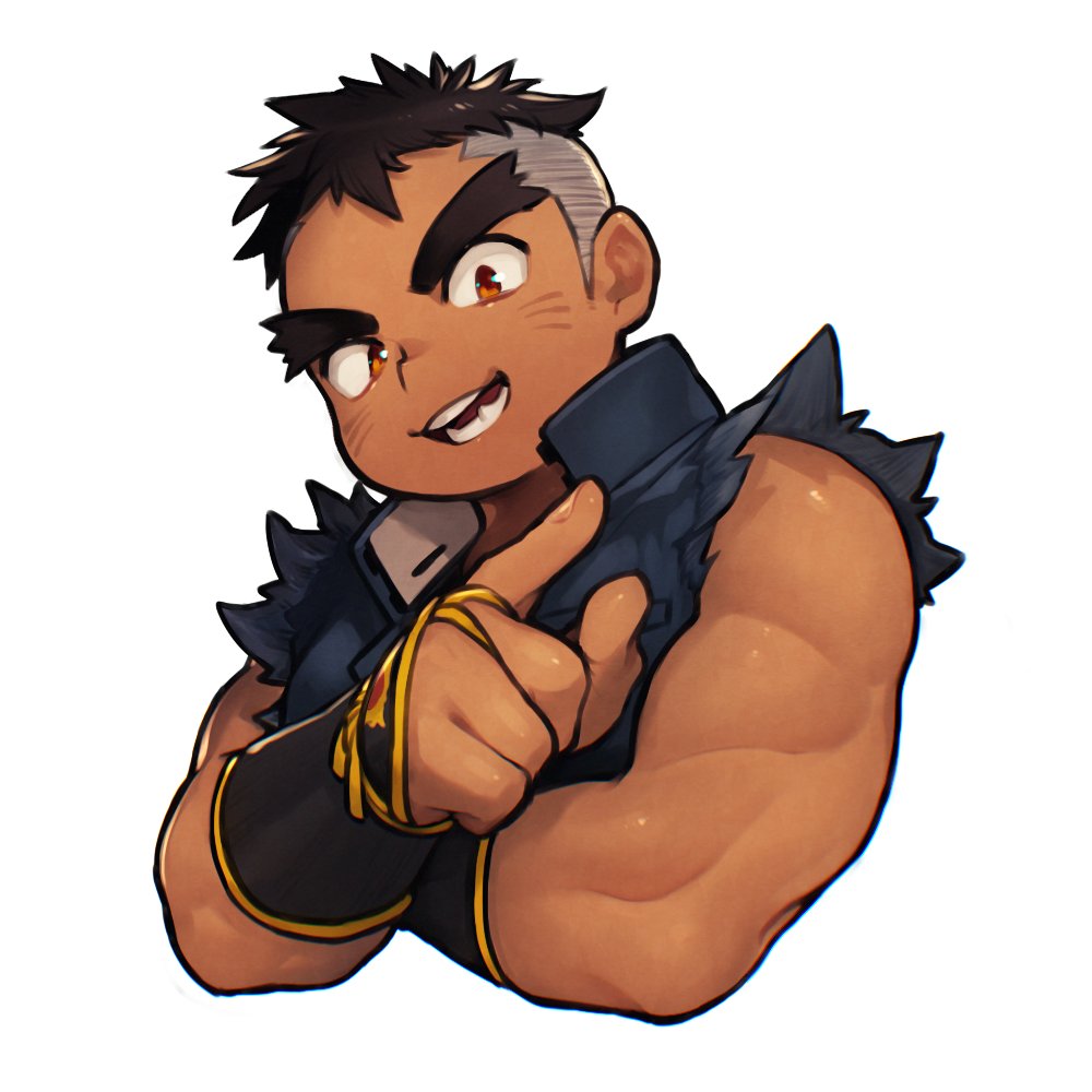 1boy armor brown_eyes brown_hair commentary_request crossed_arms forked_eyebrows gakuran japanese_armor kote male_child male_focus mid_(mid_skb) muscular muscular_child pointing school_uniform short_hair solo teda_(housamo) thick_eyebrows tokyo_afterschool_summoners torn_clothes torn_sleeves tusks undercut upper_body white_background